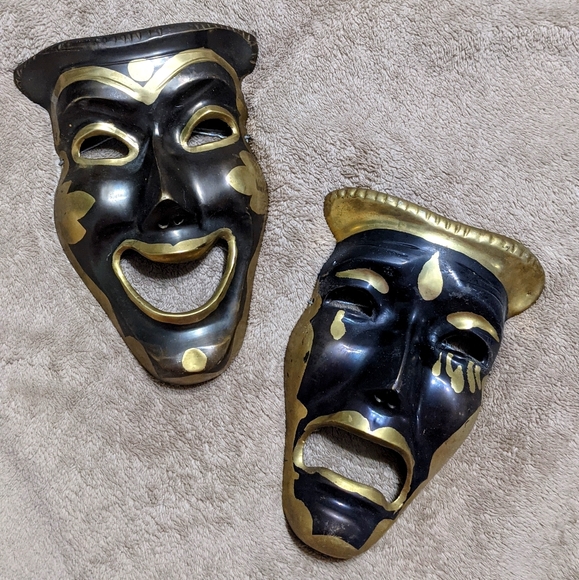 Vintage Gold Painted Brass Hanging Drama Faces - Picture 1 of 2